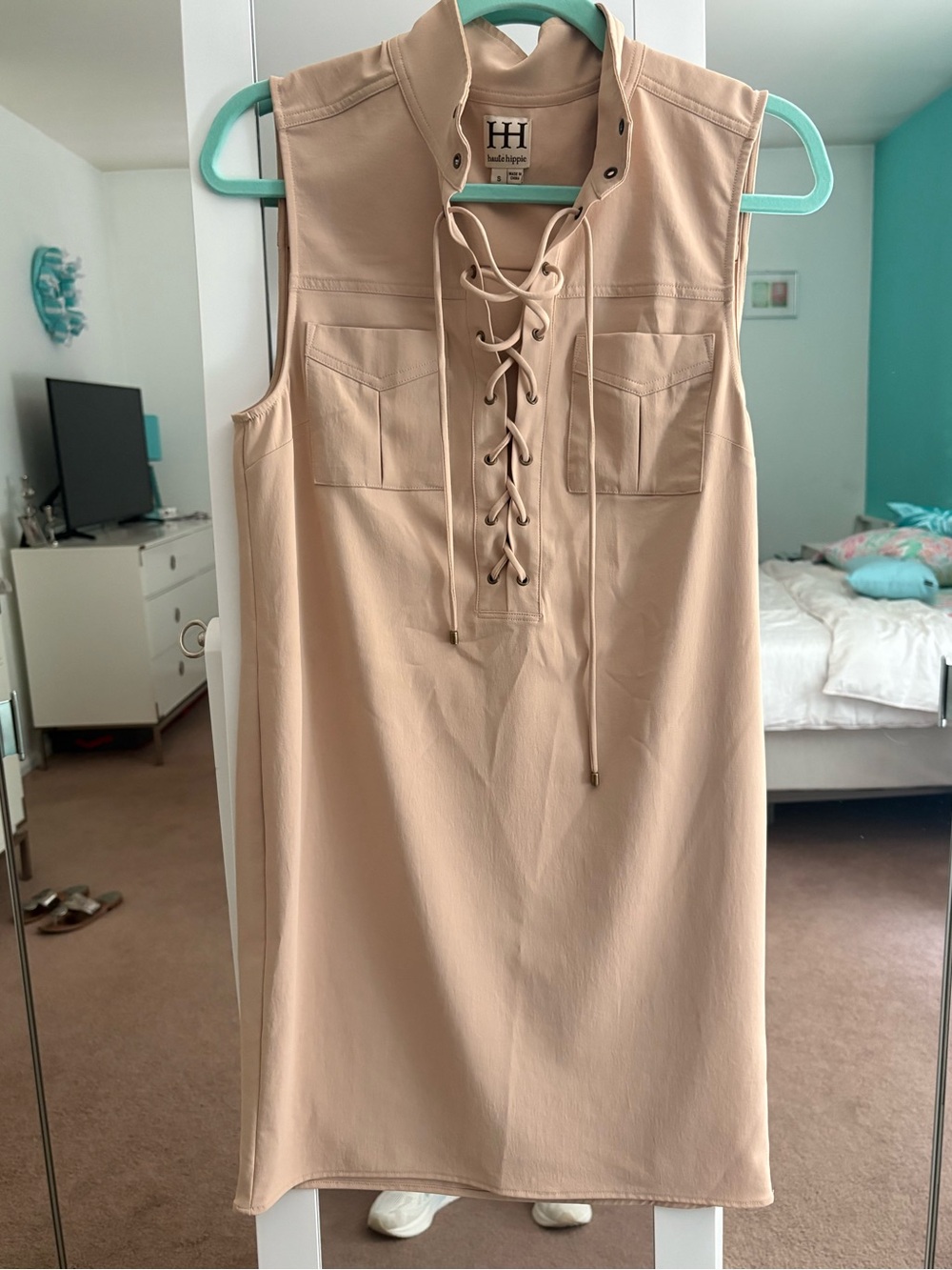 Haute Hippie Beige Lace-Up Sleeveless Midi Dress